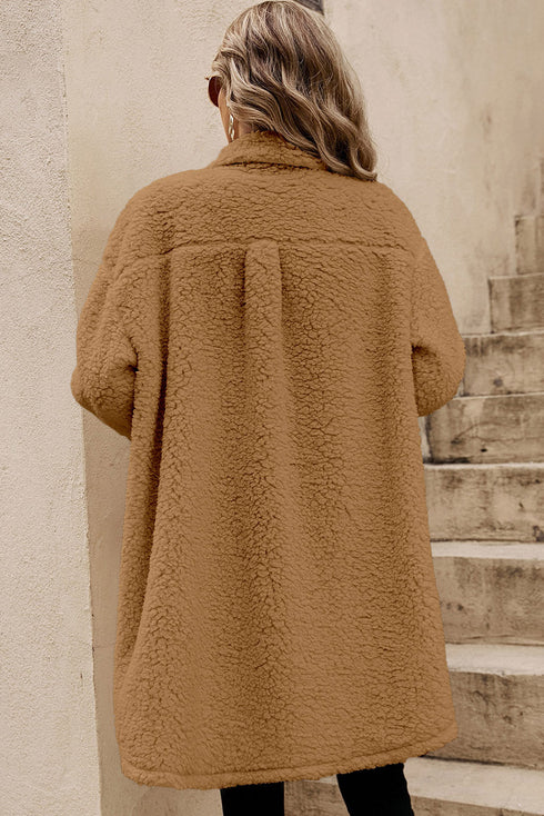 Contrast Flap Pocket Single Breasted Teddy Coat